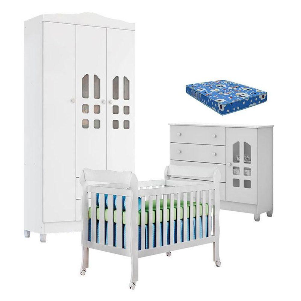 Quarto De Bebê New Selena 3 Portas Com Berço E Cômoda Selena Branco Brilho E Colchão Ortobom - 1