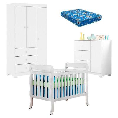 Quarto De Bebê Duda 3 Portas E Berço Americano Lila Branco Brilho Com Colchão Ortobom