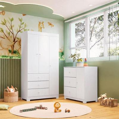 Cômoda Infantil com Guarda Roupa 3 Portas Duda 3 Gavetas em MDF com Puxador Plástico Branco