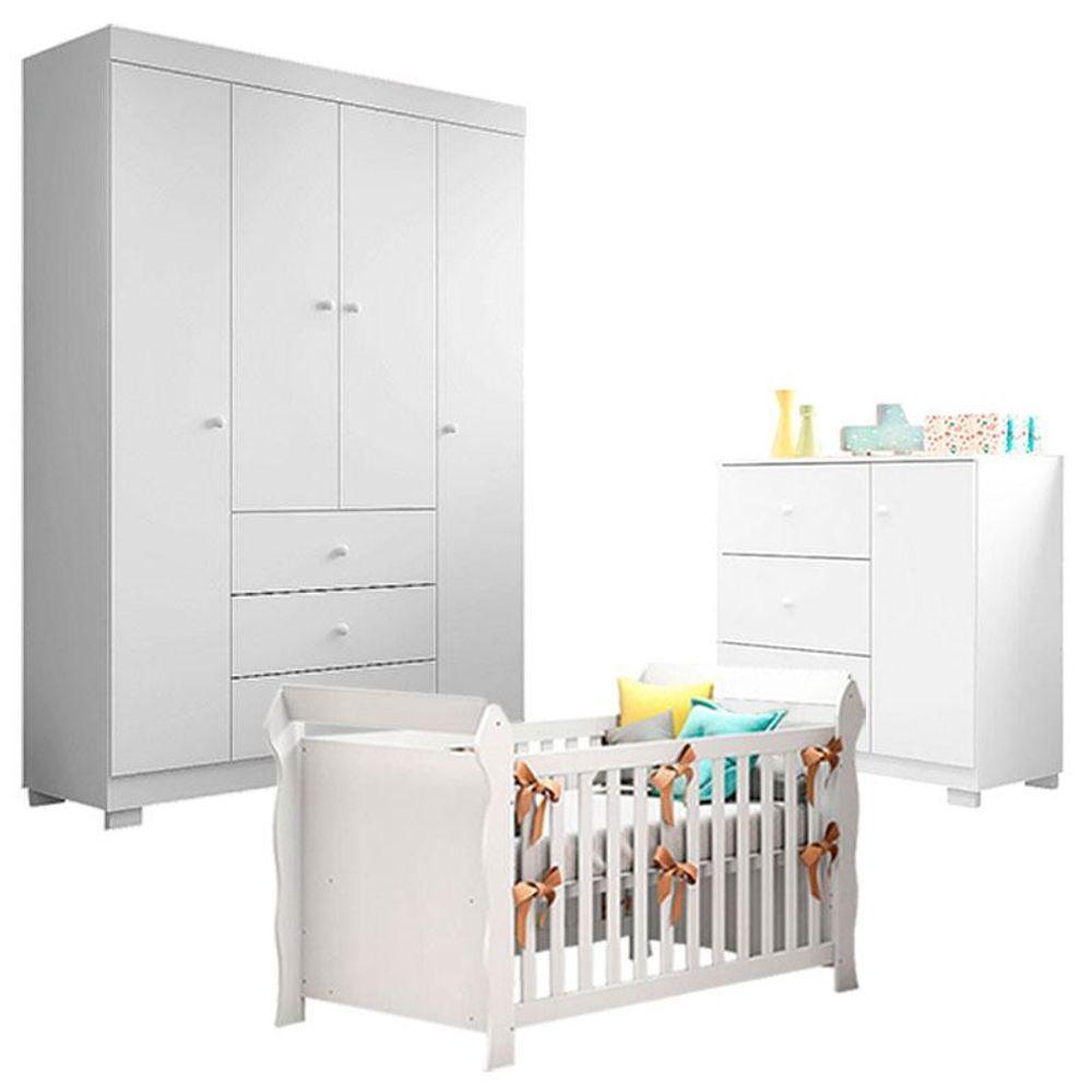 Quarto De Bebê Duda 4 Portas Com Berço Americano Lara Branco Brilho - Phoenix Baby - 1