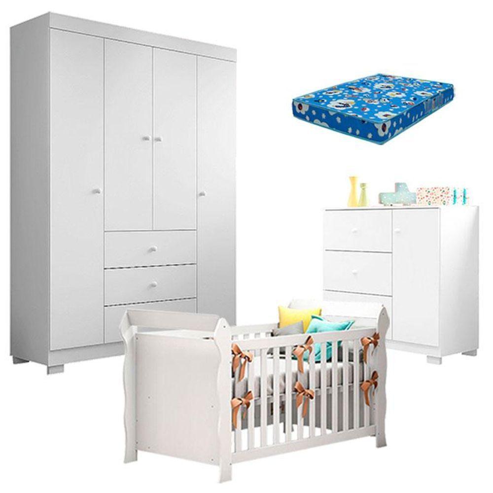 Quarto De Bebê Duda 4 Portas E Berço Americano Lara Branco Brilho Com Colchão Ortobom - Phoenix Baby - 1