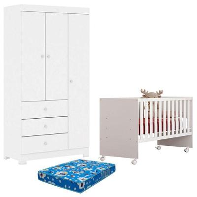 Berço Nacional Doce Sonho 3540 E Guarda Roupa Duda 3 Portas Branco Brilho Com Colchão Ortobom