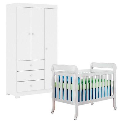 Berço Americano Lila Com Guarda Roupa Duda 3 Portas Branco Brilho - Phoenix Baby