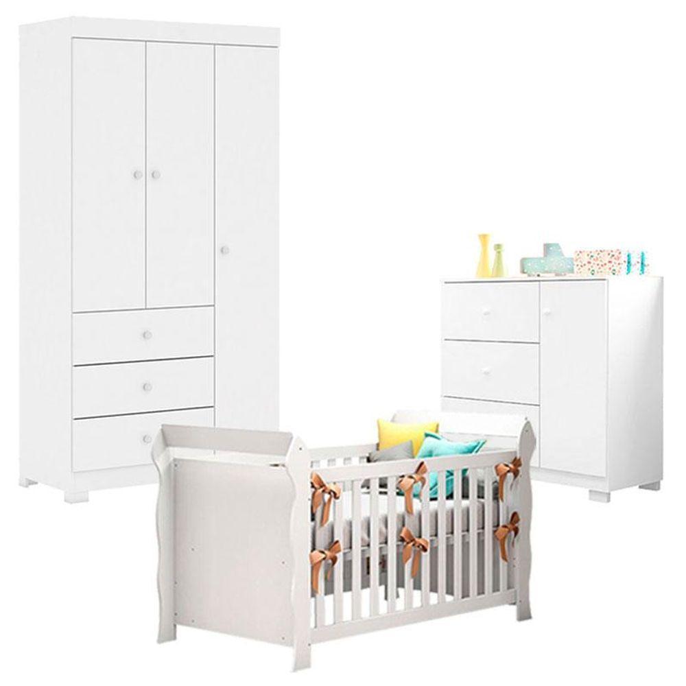 Quarto De Bebê Duda 3 Portas Com Berço Americano Lara Branco Brilho - Phoenix Baby - 1