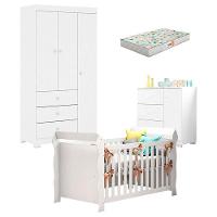 Quarto De Bebê Duda 3 Portas E Berço Americano Lara Branco Brilho Com Colchão Gazin - Phoenix Baby - 1