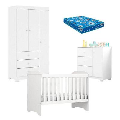 Quarto De Bebê Duda 3 Portas E Berço Americano Mini Cama Mel Branco Brilho Com Colchão Ortobom