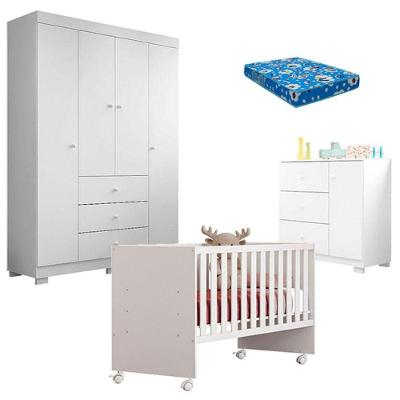 Quarto De Bebê Duda 4 Portas E Berço Nacional Doce Sonho 3540 Branco Brilho Com Colchão Ortobom