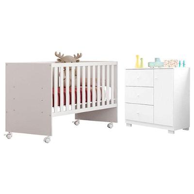 Berço Convencional Nacional Doce Sonho 3540 em MDF Branco Brilho com Cômoda Infantil