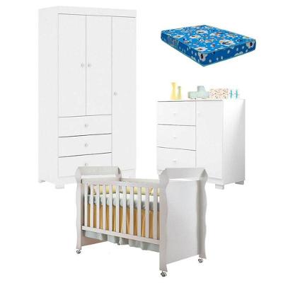 Quarto De Bebê Duda 3 Porta E Berço Americano Mirelle Branco Brilho Com Colchão Ortobom
