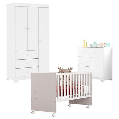 Quarto De Bebê Duda 3 Portas Com Berço Nacional Doce Sonho 3540 Branco Brilho - Phoenix Baby