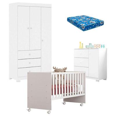 Quarto De Bebê Duda 3 Portas Com Berço Nacional Doce Sonho 3540 Branco Brilho Com Colchão Ortobom