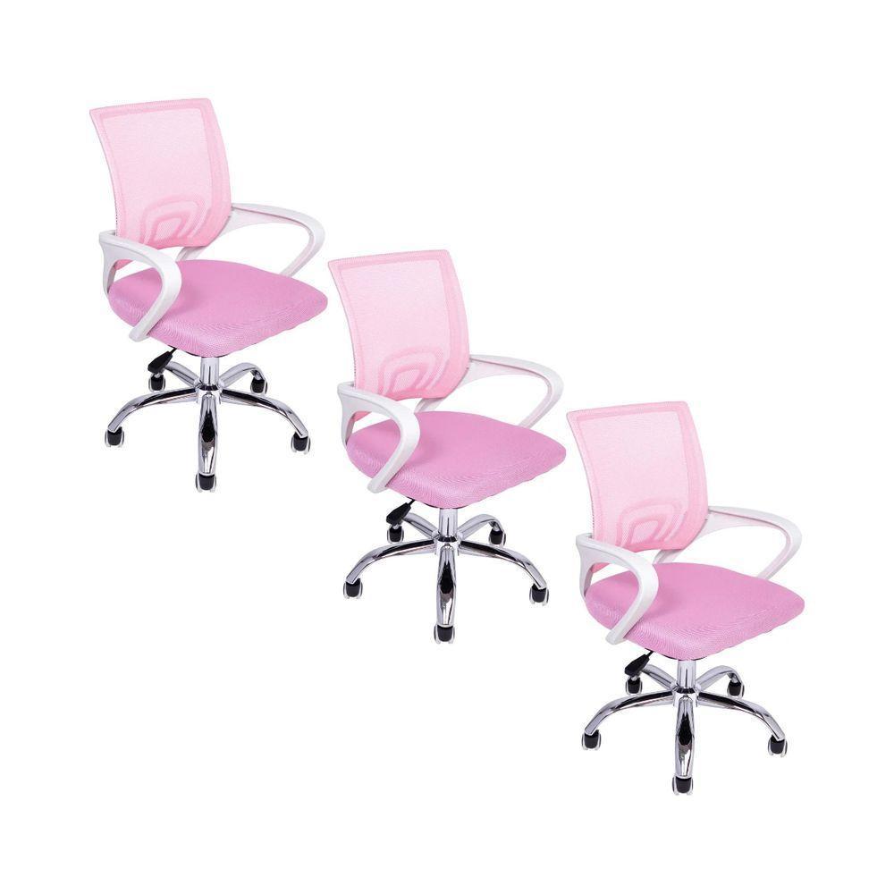 Kit 3 Cadeiras De Escritório Begonia Tela Mesh Ergonômico Rosa - 1