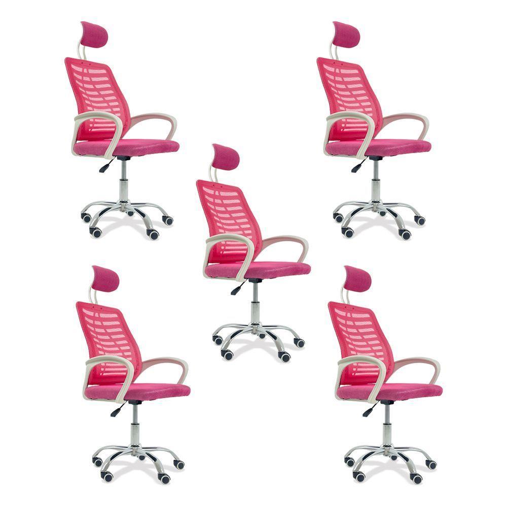 Kit 5 Cadeiras Escritório Diretor Tela Mesh Com Encosto De Cabeça Rosa - 1