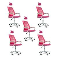 Kit 5 Cadeiras Escritório Diretor Tela Mesh Com Encosto De Cabeça Rosa - 1