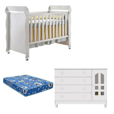 Berço Americano Mirelle em MDF com Colchão Incluso e Cômoda Infantil Gran Selena Branco Brilho