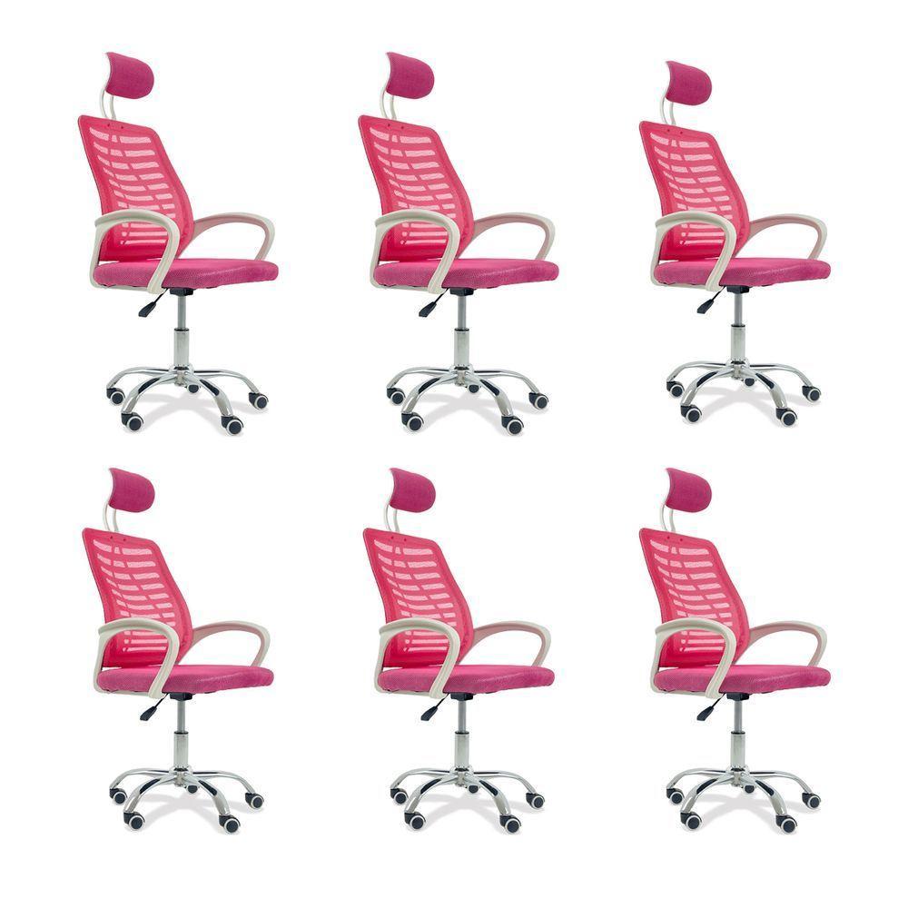 Kit 6 Cadeiras Escritório Diretor Tela Mesh Com Encosto De Cabeça Rosa - 1