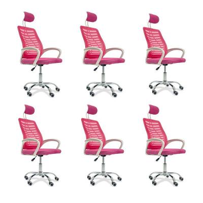 Kit 6 Cadeiras Escritório Diretor Tela Mesh Com Encosto De Cabeça Rosa