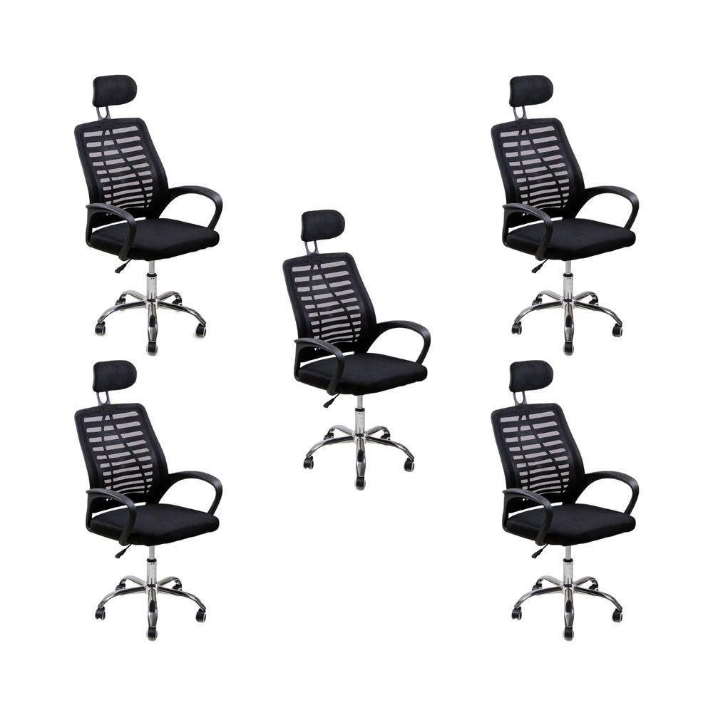 Kit 5 Cadeiras Escritório Diretor Tela Mesh Encosto De Cabeça Preto - 1