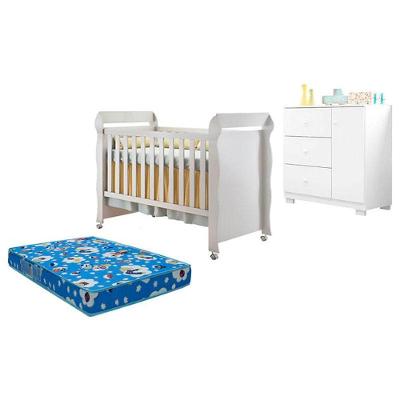 Berço Americano Mirelle E Cômoda Infantil Duda Branco Brilho Com Colchão Ortobom - Phoenix Baby