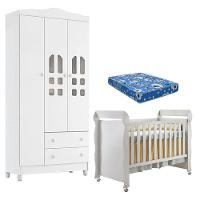 Berço Americano Mirelle E Guarda Roupa New Selena 3 Portas Branco Brilho Com Colchão Ortobom - Carolina Móveis - 1