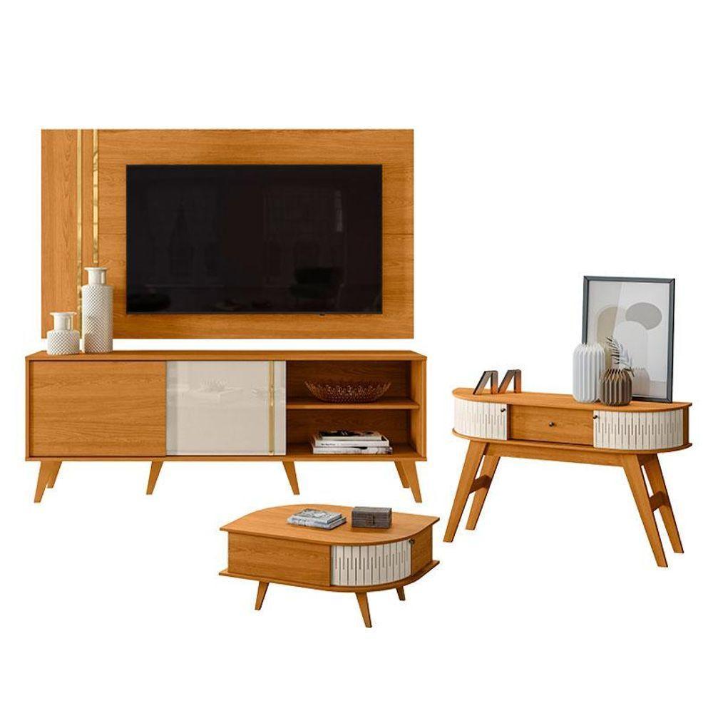 Rack Bancada E Painel Para Tv Cronos Com Aparador Estoril E Mesa De Centro Indianápolis Cinamomo Off White - Madetec - 1