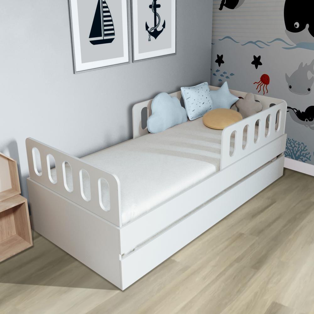 Bicama Solteiro Mdf Bp Branco Com 02 Grades E Cabeceira Megamobilia - 1