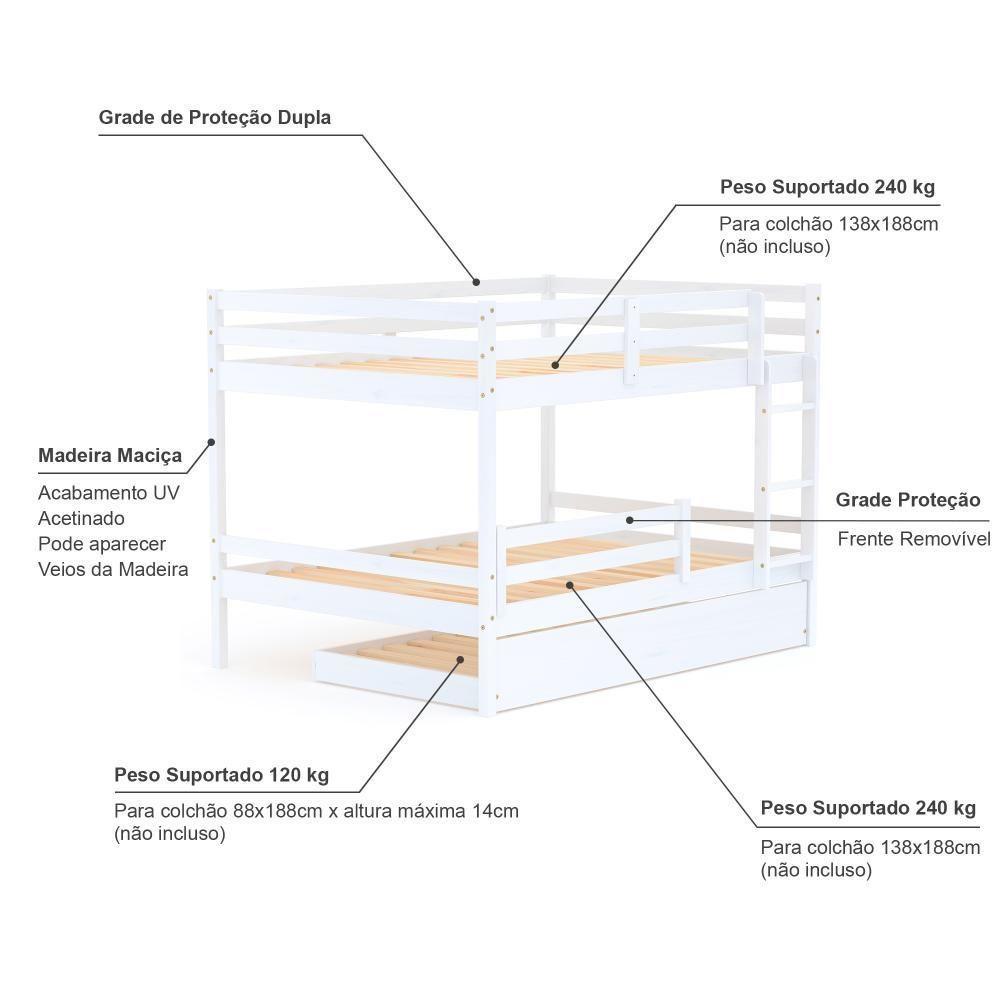 Treliche Casal Casal Dreams Com Grade De Proteção Madeira Maciça Branco Megamobilia - 2