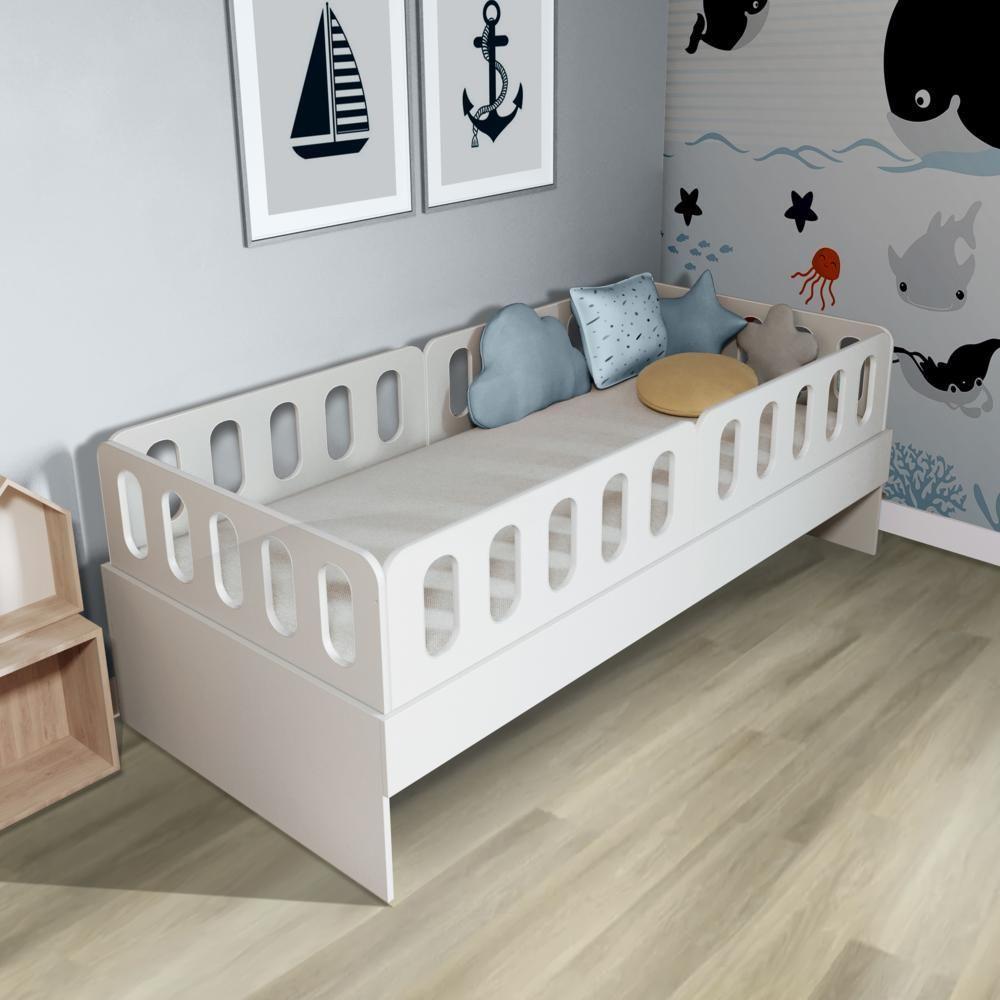 Cama Solteiro Mdf Bp Branco Com 04 Grades E Cabeceira Megamobilia - 1