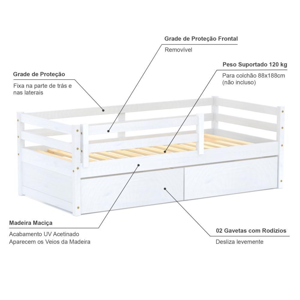 Cama Infantil Dreams Com 02 Gavetas E Grade De Proteção Madeira Maciça Branco Megamobilia - 4
