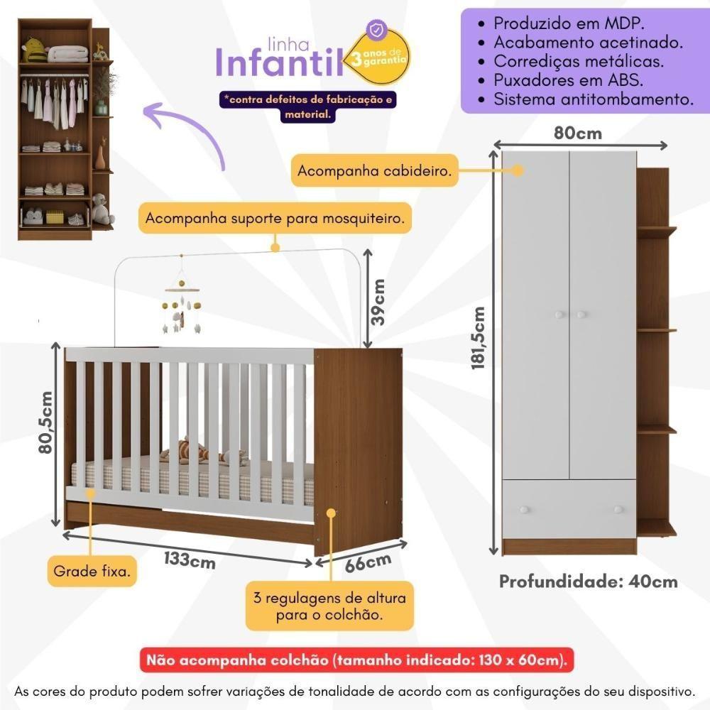 Berço 3 Em 1 Para Colchão 130 X 60cm Com Guarda-roupas 2 Portas Doce De Leite Multimóveis Mp4241 Madeirado/branco Madeirado/branco - 6