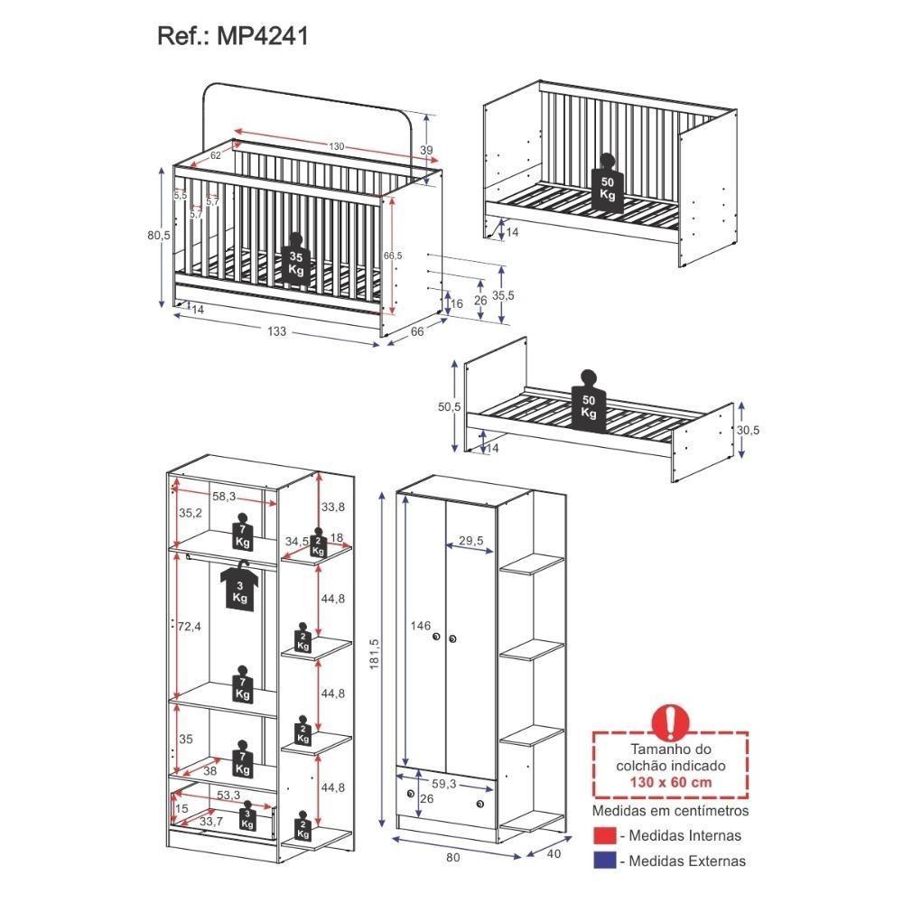 Berço 3 Em 1 Para Colchão 130 X 60cm Com Guarda-roupas 2 Portas Doce De Leite Multimóveis Mp4241 Madeirado/branco Madeirado/branco - 8