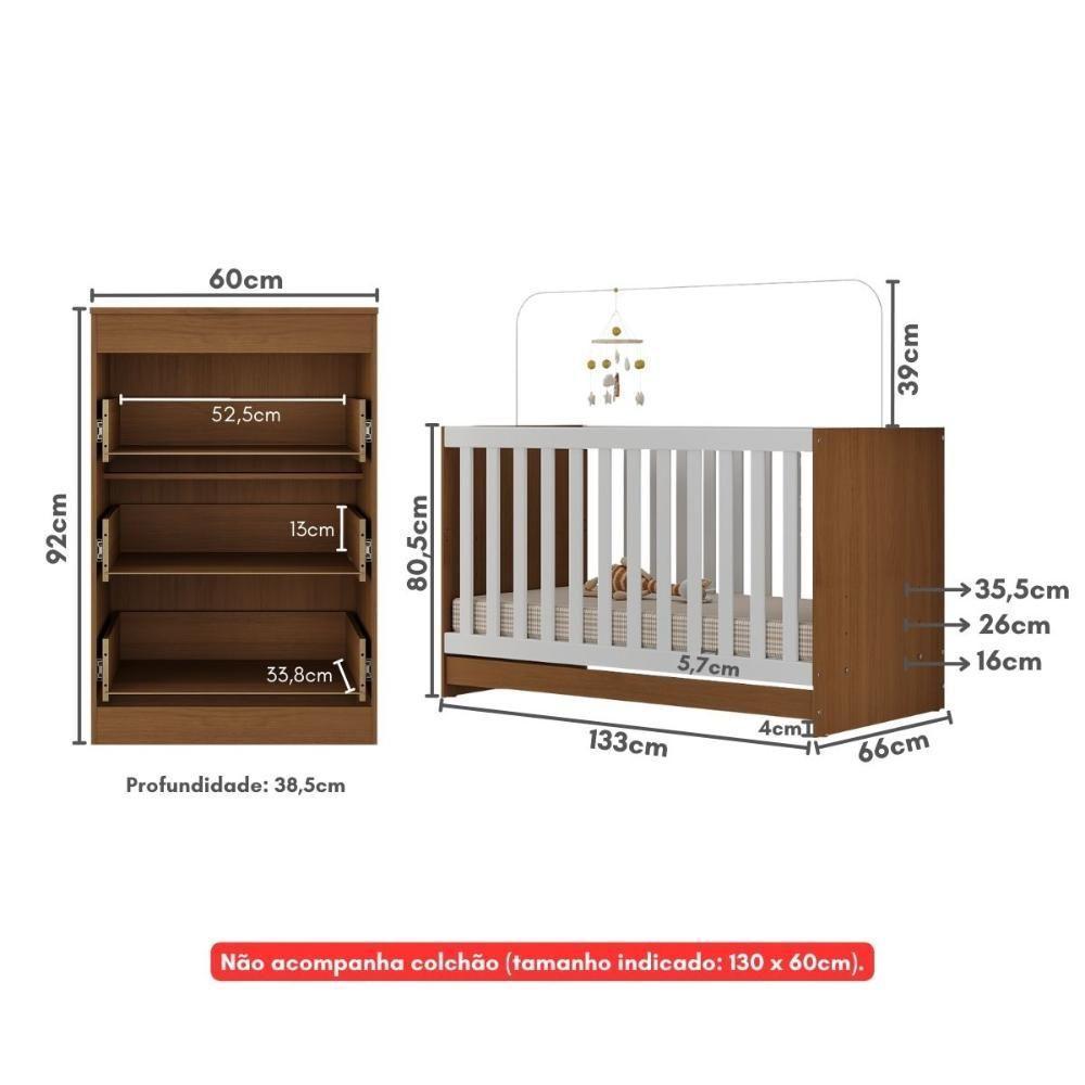 Berço 3 Em 1 Para Colchão 130 X 60cm Com Cômoda 3 Gavetas Doce De Leite Multimóveis Mp4239 Madeirado/branco Madeirado/branco - 2