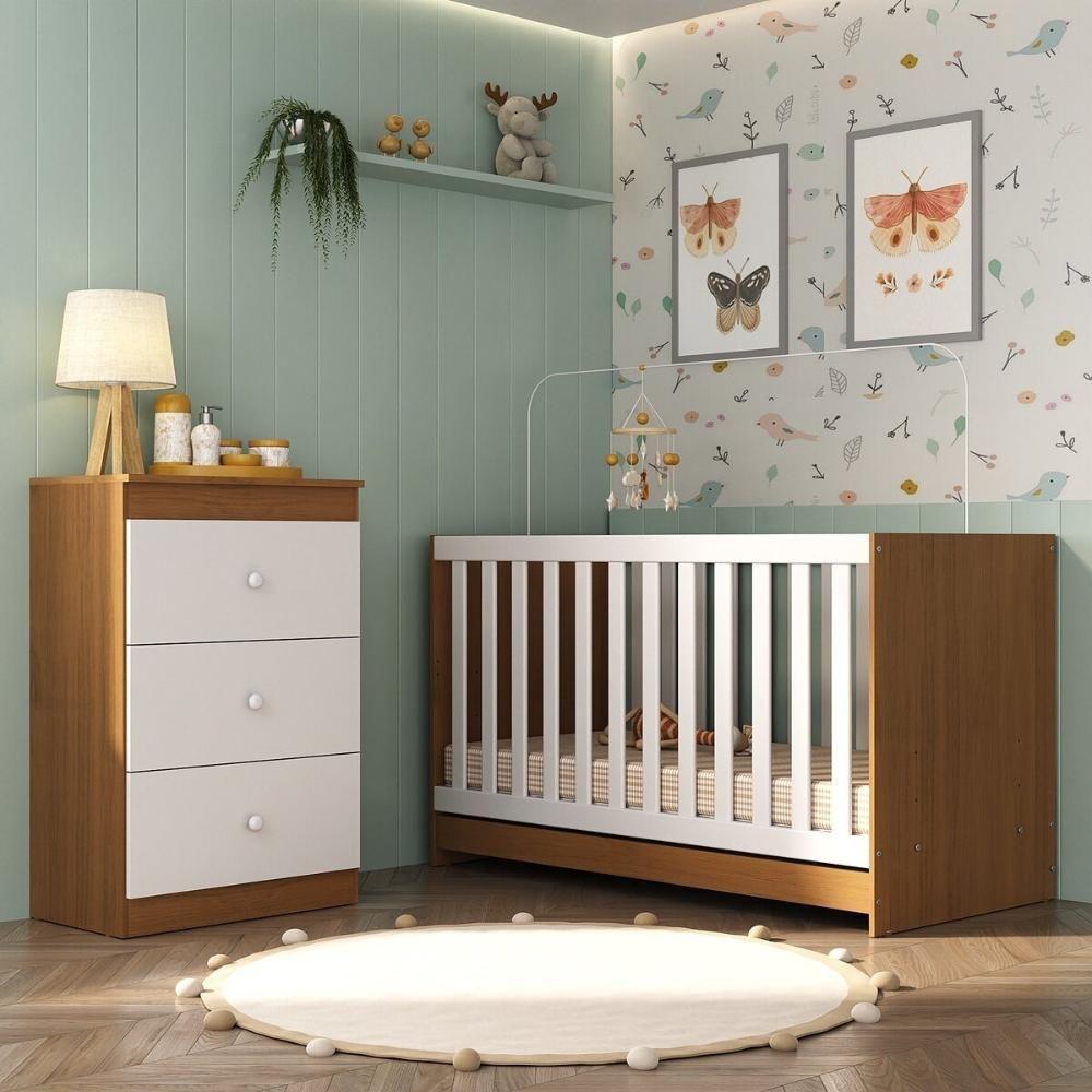 Berço 3 Em 1 Para Colchão 130 X 60cm Com Cômoda 3 Gavetas Doce De Leite Multimóveis Mp4239 Madeirado/branco Madeirado/branco - 7