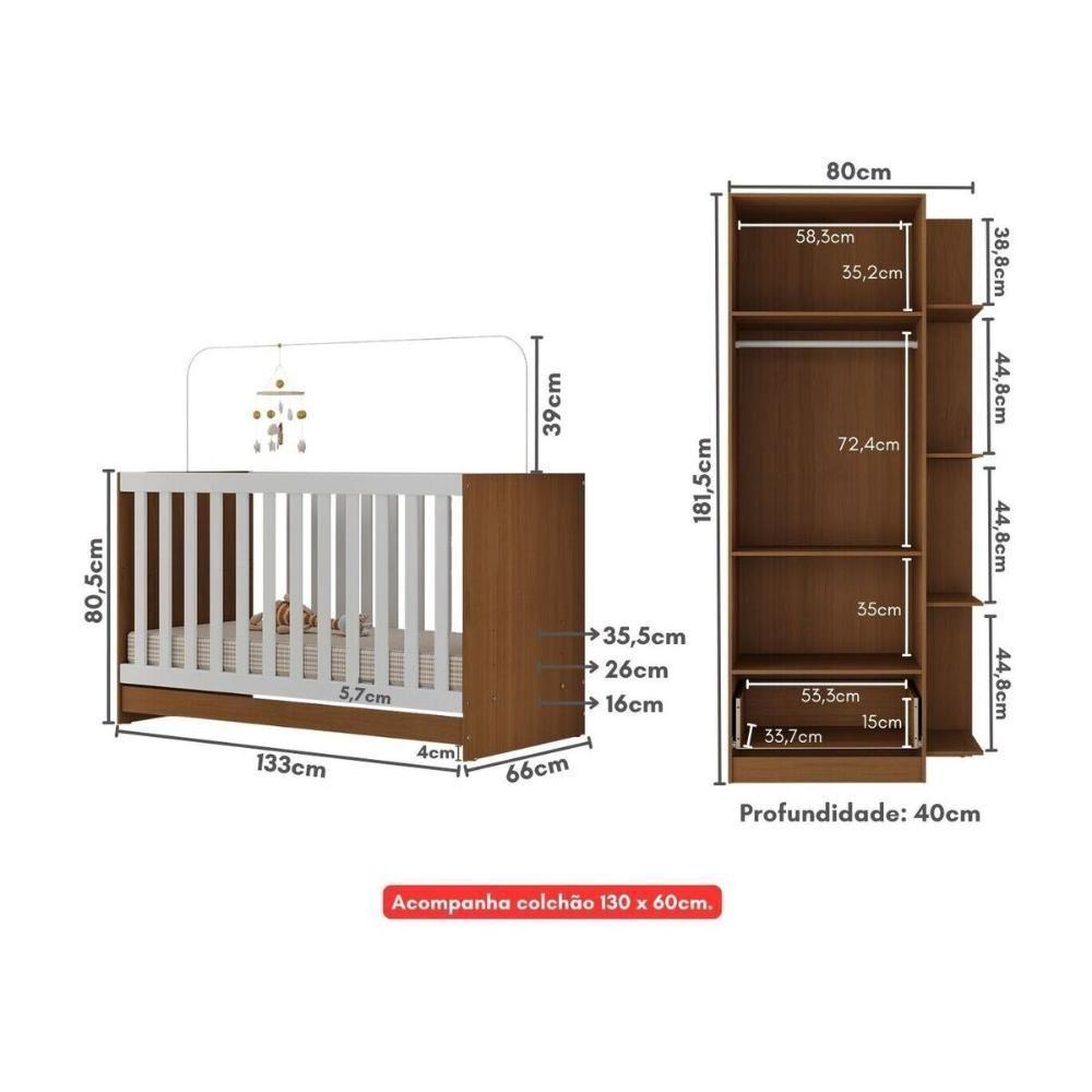 Berço 3 Em 1 Com Guarda-roupas 2 Portas 1 Gaveta E Colchão Incluso Doce De Leite Multimóveis Mp4242 Madeirado/branco Madeirado/branco - 2