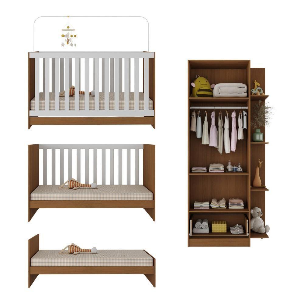 Berço 3 Em 1 Com Guarda-roupas 2 Portas 1 Gaveta E Colchão Incluso Doce De Leite Multimóveis Mp4242 Madeirado/branco Madeirado/branco - 4