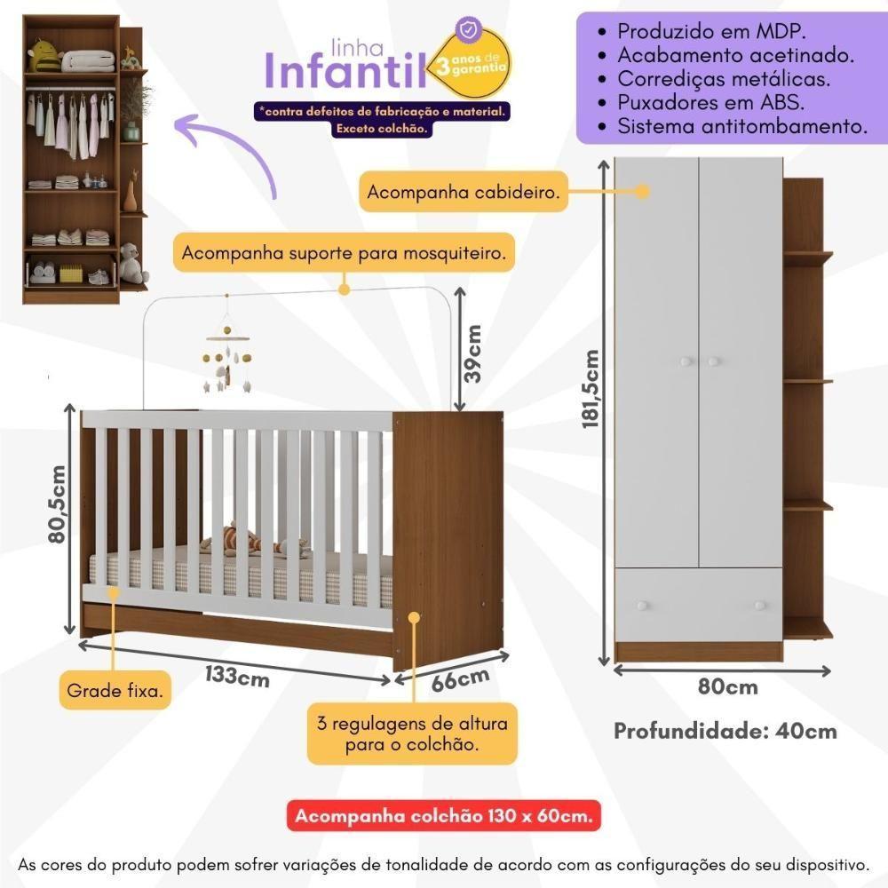 Berço 3 Em 1 Com Guarda-roupas 2 Portas 1 Gaveta E Colchão Incluso Doce De Leite Multimóveis Mp4242 Madeirado/branco Madeirado/branco - 6
