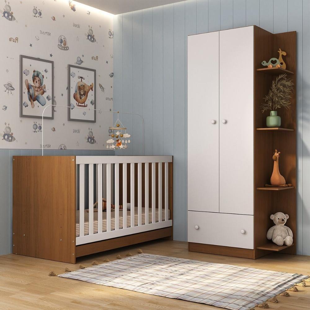 Berço 3 Em 1 Com Guarda-roupas 2 Portas 1 Gaveta E Colchão Incluso Doce De Leite Multimóveis Mp4242 Madeirado/branco Madeirado/branco - 7