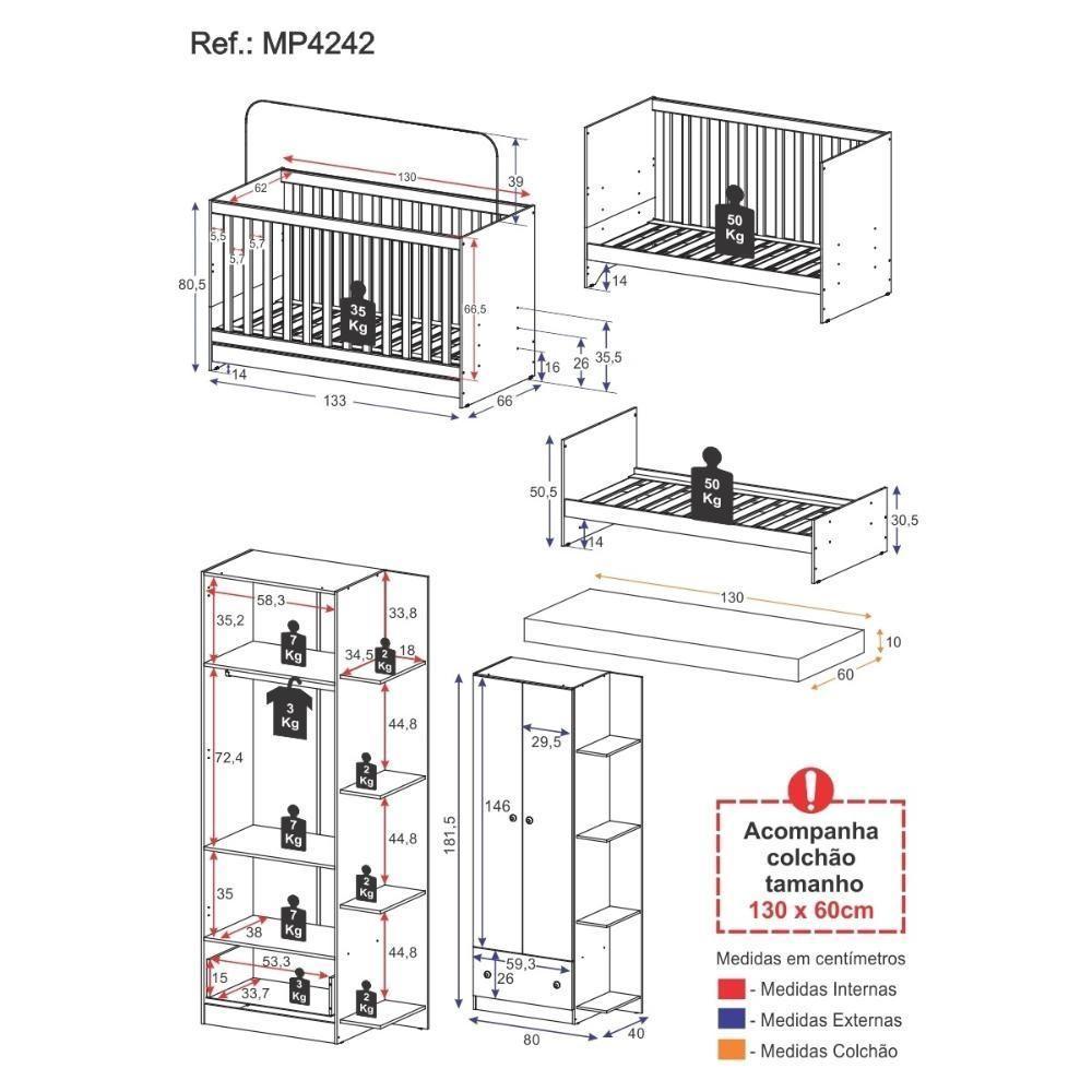 Berço 3 Em 1 Com Guarda-roupas 2 Portas 1 Gaveta E Colchão Incluso Doce De Leite Multimóveis Mp4242 Madeirado/branco Madeirado/branco - 8