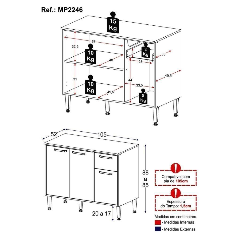 Balcão De Cozinha Gabinete Pia 105cm 3 Portas 1 Gaveta Xangai Multimóveis Mp2246 Branco/lacca Fumê - 4