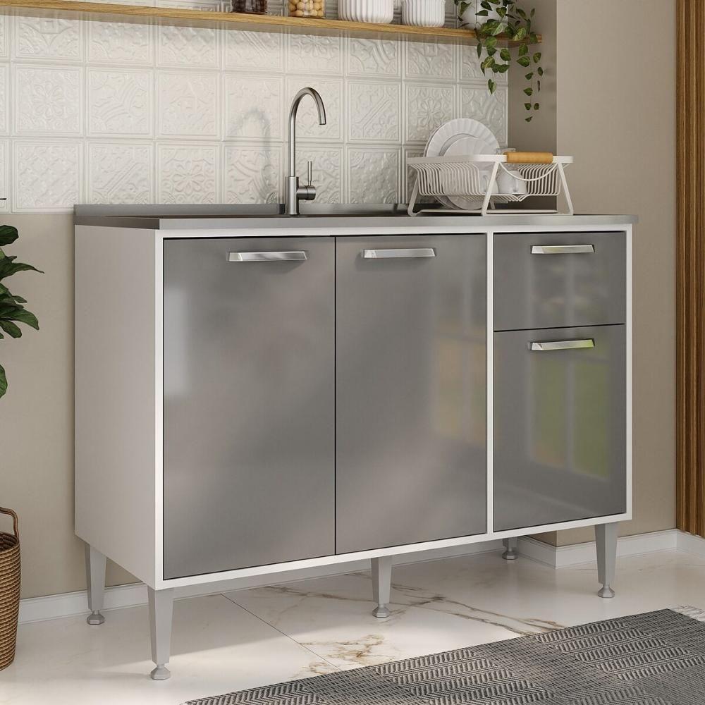 Balcão De Cozinha Gabinete Pia 105cm 3 Portas 1 Gaveta Xangai Multimóveis Mp2246 Branco/lacca Fumê - 6