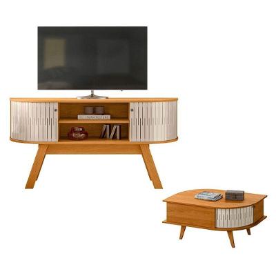 Rack Bancada e Mesa de Centro Atlanta Indianápolis 136cm MDP com Portas e Prateleira Off White