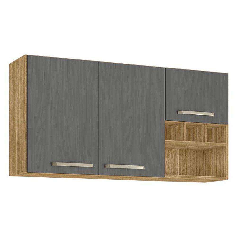 Armário Aéreo Ametista 3 Portas E 3 Garrafas 120 Cm Freijó Gris - Kits Paraná - 1