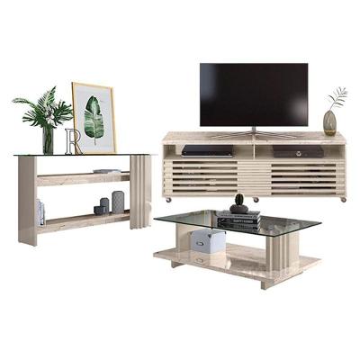 Rack Bancada com Aparador e Mesa de Centro Frizz Cross Calacata MDP com Portas Correr Off White