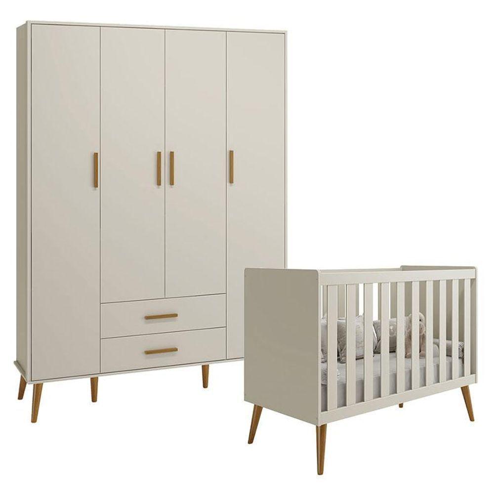 Berço Americano E Guarda Roupa Infantil 4 Portas Isis Areia Acetinado - Reller - 1