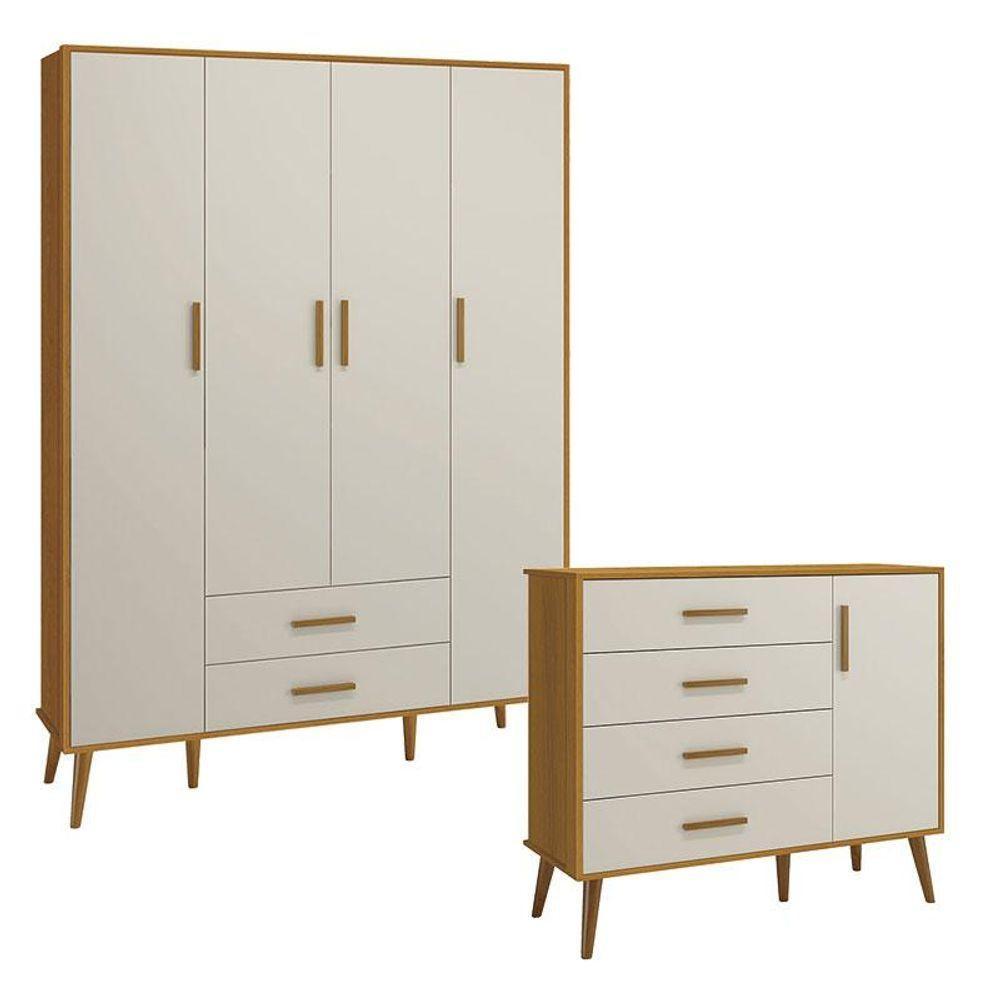 Cômoda Com Porta E Guarda Roupa Infantil 4 Portas Isis Areia Acetinado Savana - Reller - 1