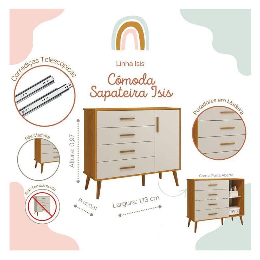 Cômoda Com Porta E Guarda Roupa Infantil 4 Portas Isis Areia Acetinado Savana - Reller - 7