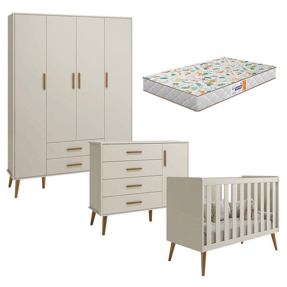 Quarto De Bebê Isis 4 Portas Areia Acetinado Com Colchão Gazin - Reller - 1