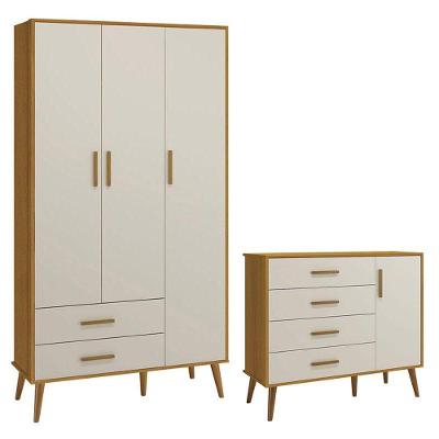 Cômoda Com Porta E Guarda Roupa Infantil 3 Portas Isis Areia Acetinado Savana - Reller