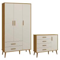 Cômoda Com Porta E Guarda Roupa Infantil 3 Portas Isis Areia Acetinado Savana - Reller - 1