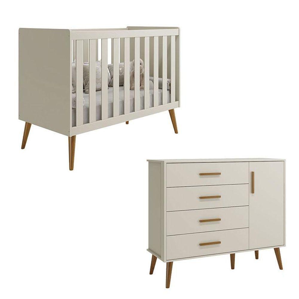 Berço Americano E Cômoda Infantil Com Porta Isis Areia Acetinado - Reller - 1